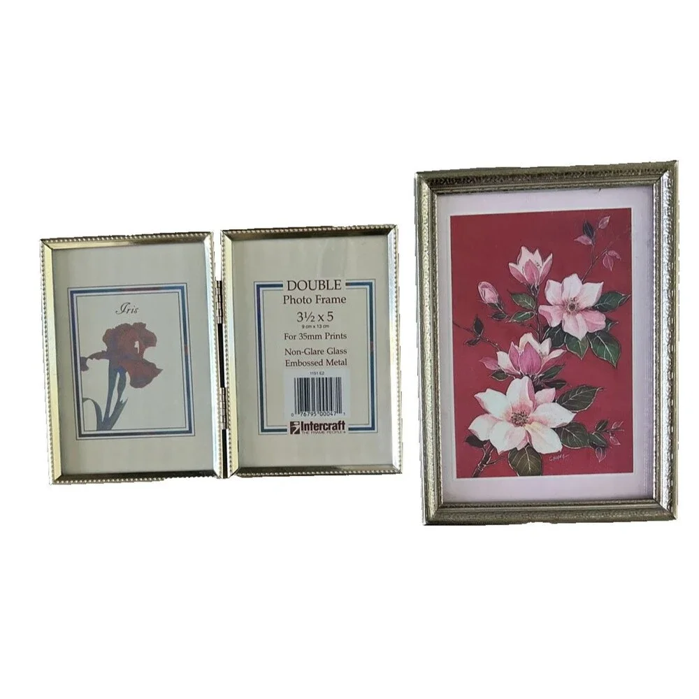 Vintage Gold Tone Brass Picture Frame Lot 5x7 Frame & Hinged Double 3.5x5 Framed
